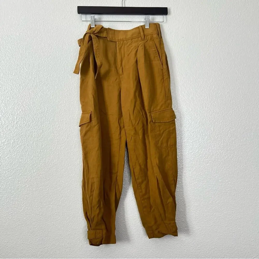 Banana Republic Tencel-Linen Cargo Pant tie waist bronze burnt yellow